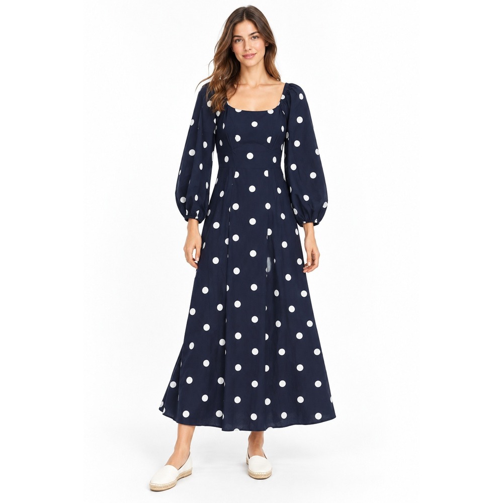 Polka Dot Maxi Dress XS Navy Cotton Puff Sleeve Sweetheart Fit Flare Pockets NWT